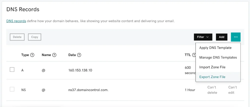 Export DNS records from GoDaddy