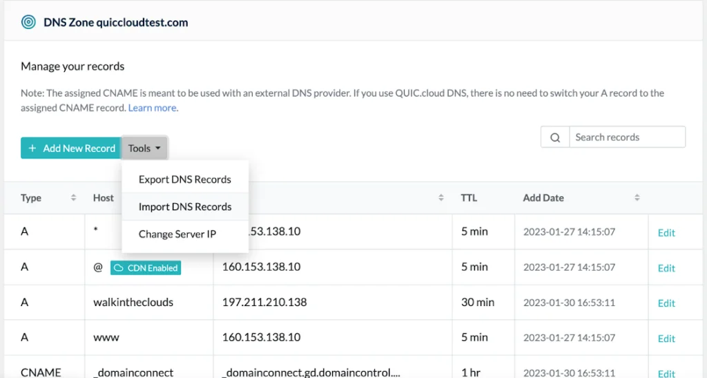 Import DNS records into QUIC.cloud