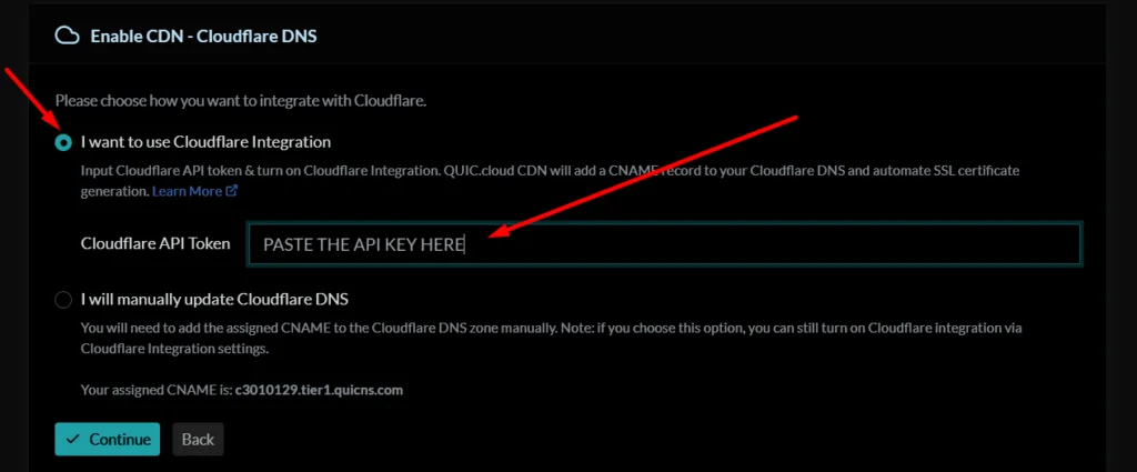 Enter Cloudflare API Token at QUIC.cloud